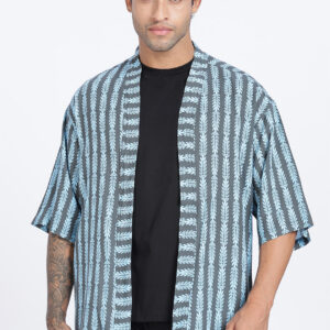 Blue Leaf Print Open-Front Shrug