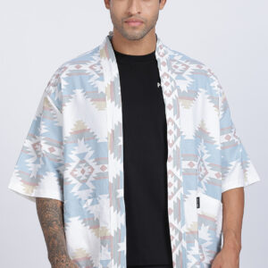Sky Blue & White Tribal Print Kimono-Style Shrug